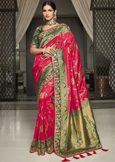 Pink Zari Woven Bridal Saree With Distinctive Heavy Blouse