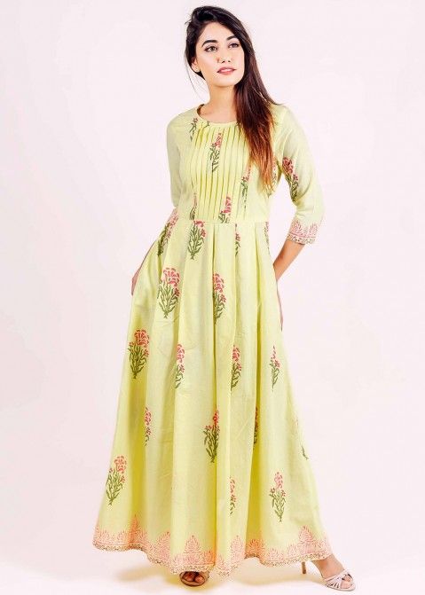 Light Green Floral Block Printed Dress 498KR04