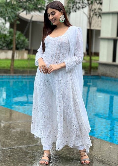 White Readymade Chikankari Anarkali Suit