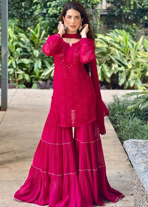 Pink Chikankari Embroidered Flared Gharara Suit
