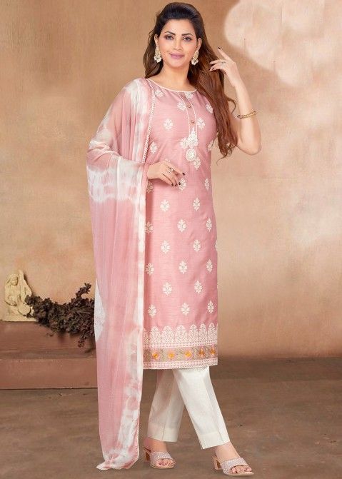 Pink Embroidered Chiffon Pant Suit Set