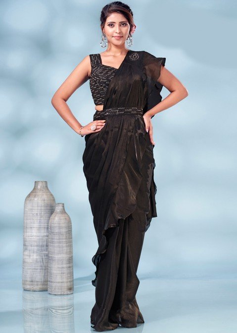 Black Organza Draped Ruffle Saree Set Design by Mehak Sharma at Pernia's  Pop Up Shop 2024