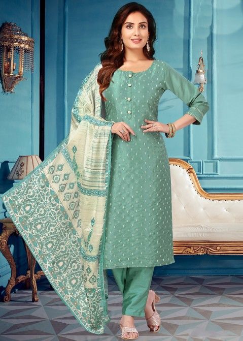 Readymade Green Silk Pant Suit In Thread Embroidery