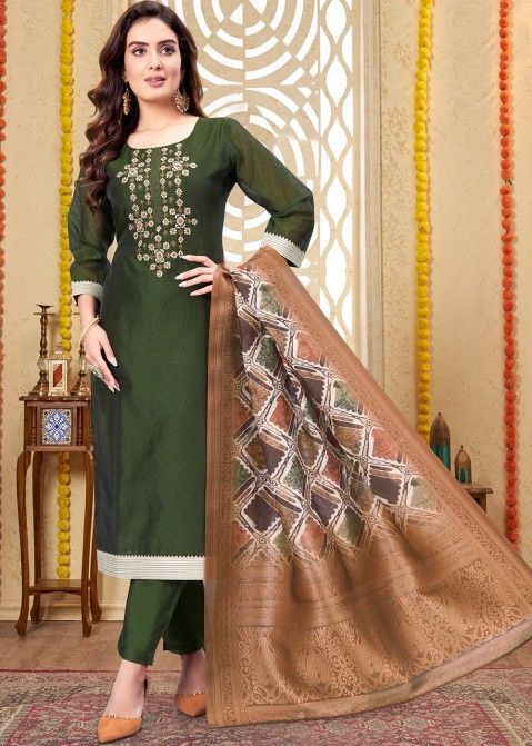 Readymade Green Silk Embroidered Pant Suit