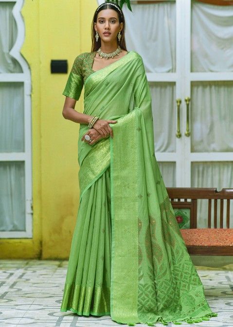 Green Cotton Saree In Zari Woven