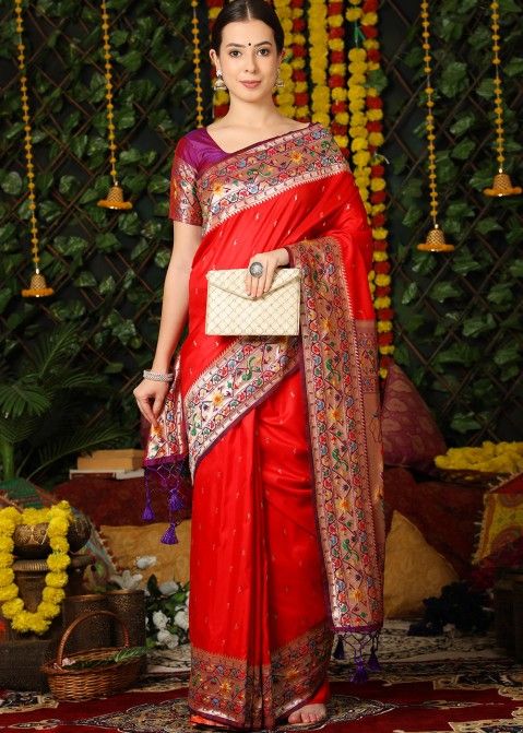 Red Paithani Silk Woven Saree With Blouse