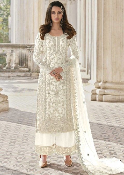 Off White Embroidered Palazzo Suit In Net