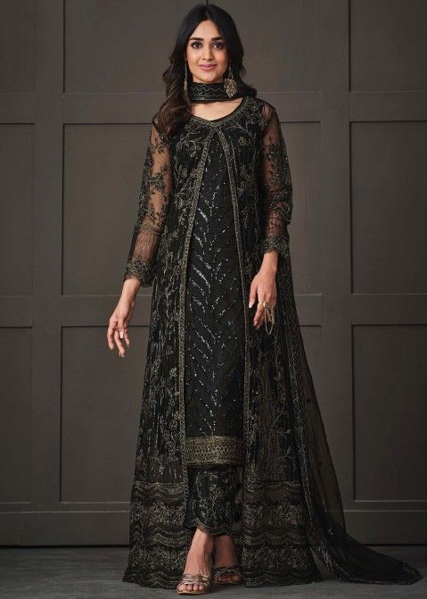 Black Embroidered Traditional Patiala Suit | Velvet dress designs, Sleeves  designs for dresses, Fancy dress design