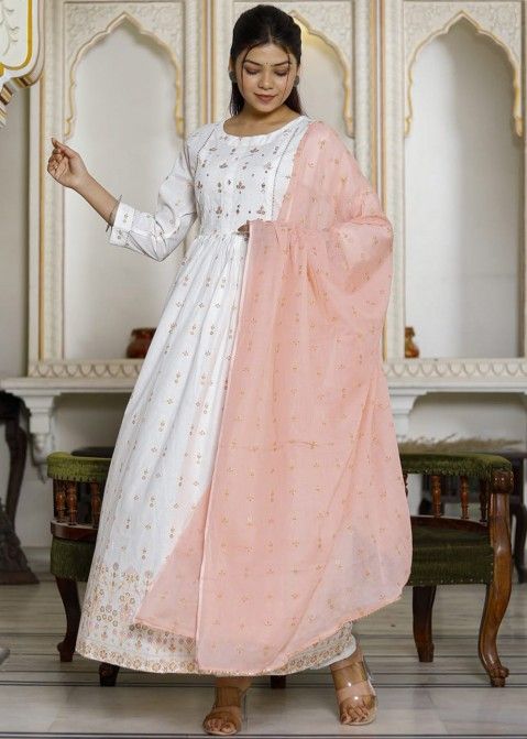 White Anarkali Style Suit Set In Cotton