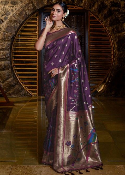 Purple Zari Woven Paithani Silk Saree