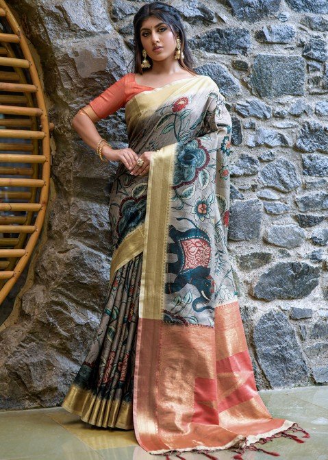 Pure Grey Tussar Silk Saree | Mirra Clothing