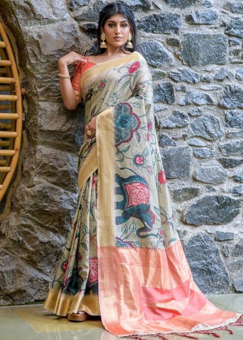 Green Malai Cotton Saree With Kalamkari Print - Monastoor- Indian ethnical  dress collections with more than 1500+ fashionable indian traditional  dresses and ethnical jewelleries.