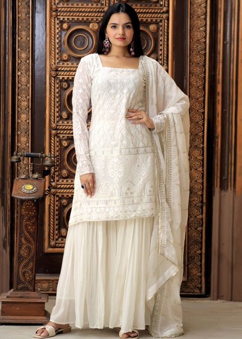 White Sequins Embroidered Readymade Sharara Suit