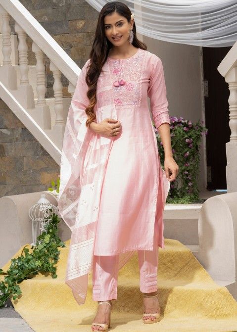 Pink Readymade Embroidered Pant Suit Set
