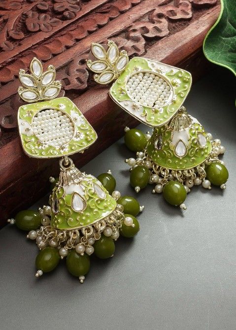 Green Pearl Studded Jhumka Earrings