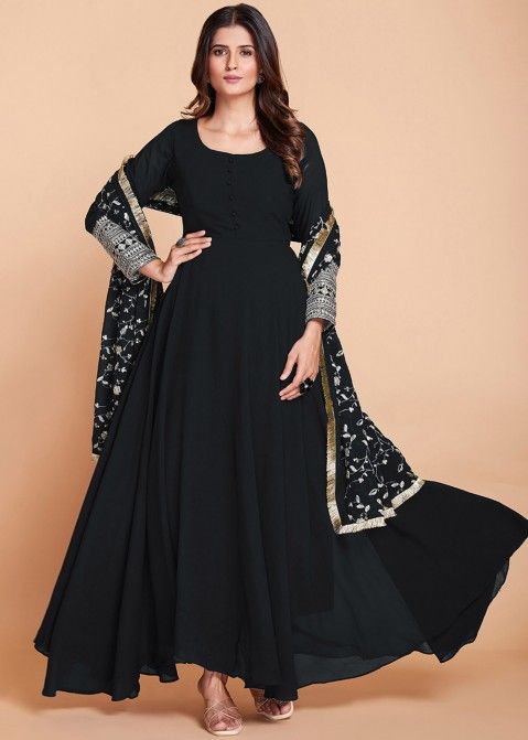 Buy Black Anarkali Chanderi Embroidered Geometric Scoop Neck With Dupatta  For Women by Joy Mitra Online at Aza Fashions.