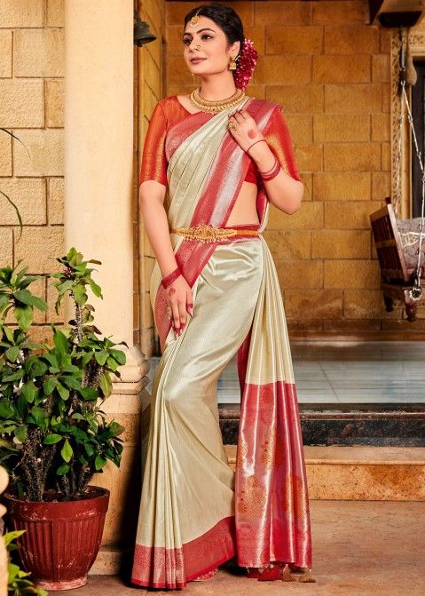 Banarasee/Banarasi Cotton Silk Red Booti Sari-Black