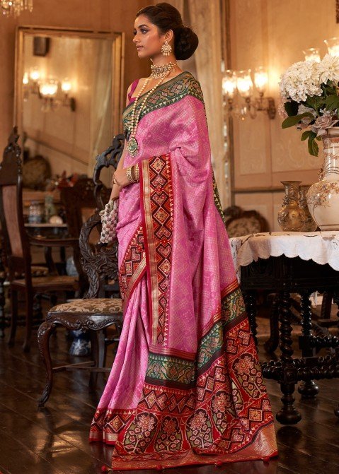 Stylish Red Bandhani Patola Saree With Blouse – Vrinda Saree