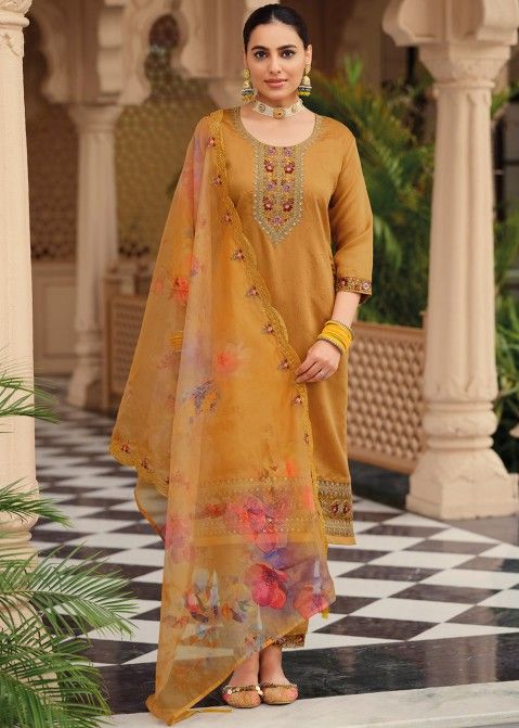 Yellow Readymade Embroidered Silk Pant Suit