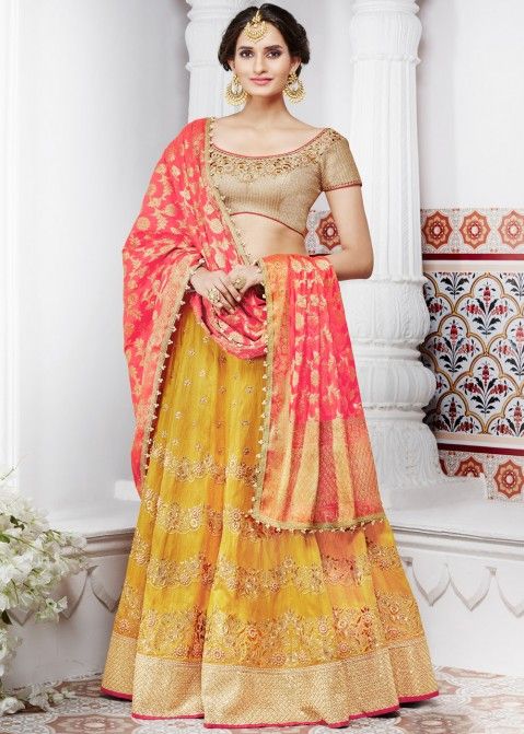 Buy Yellow Handloom Silk Indian Designer Lehenga Choli Online with Dupatta