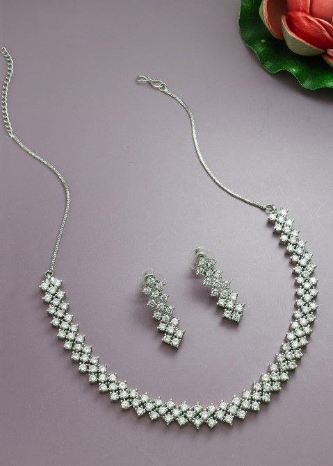 White Studded American Diamond Necklace Set