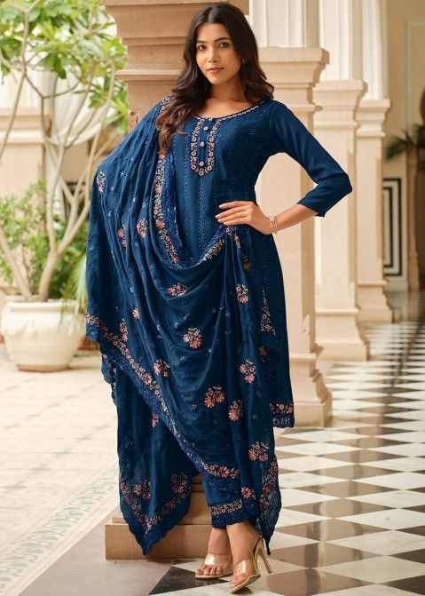 Readymade Blue Thread Embroidered Pant Style Suit