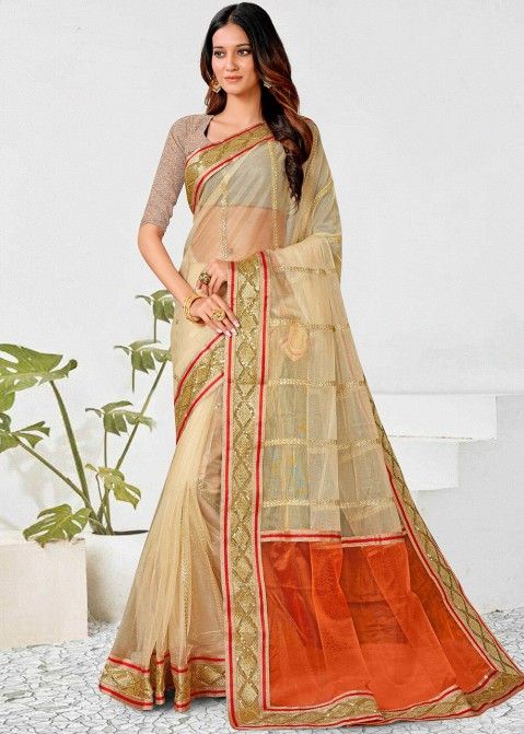 Cream Embroidered Net Saree With Blouse