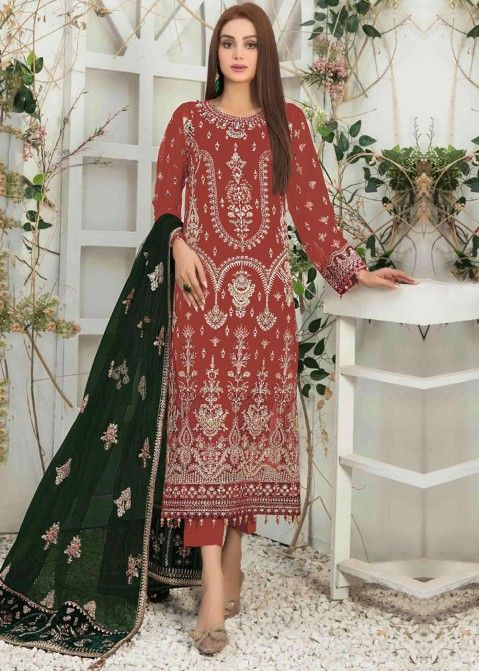 Red Embroidered Suit Set In Georgette