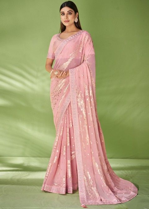 Pink Georgette Saree With Art Silk Blouse