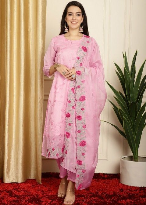 Pink Organza Thread Embroidered Pant Suit