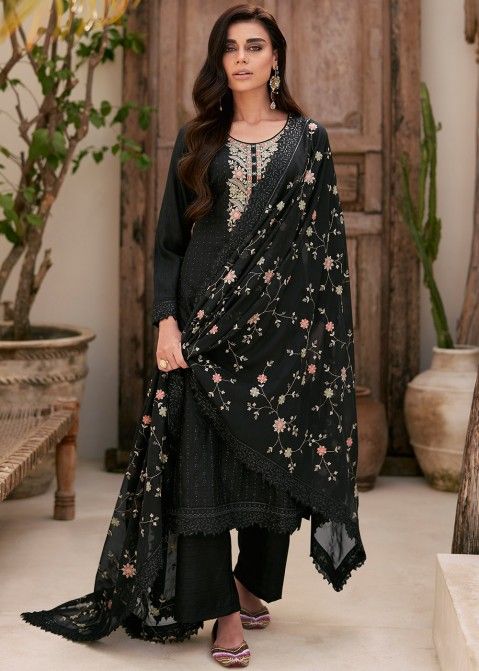 Black Embroidered Palazzo Style Suit & Dupatta