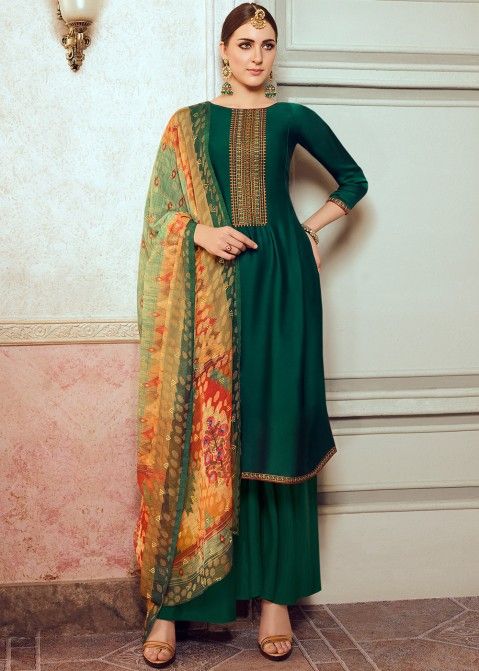 Green Palazzo Style Suit In Thread Embroidery