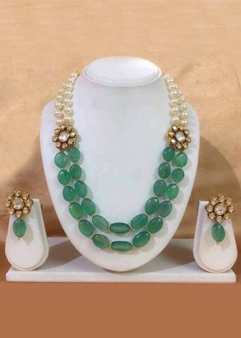 Buy Light Green Stone Studded Gold Tone Designer Necklace Set Online