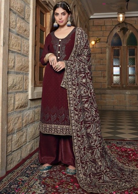 Shop Latest Indian Outfits - Maroon Georgette Embroidery Traditional Palazzo  Suit At Hatkay
