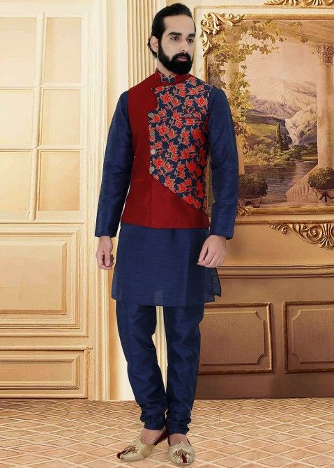 Shop Maroon And Navy Blue Overlapped Woven Nehru Jacket for Men Online USA