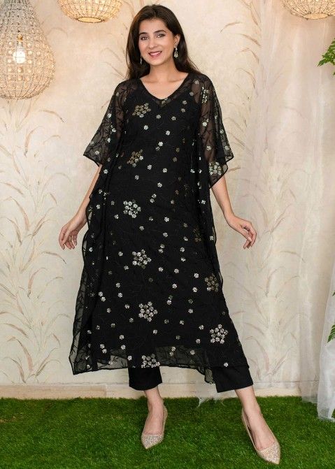 Readymade Black Sequined Georgette Kaftan With Pant