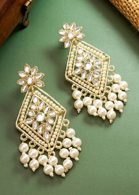 White Pearls Work Earrings