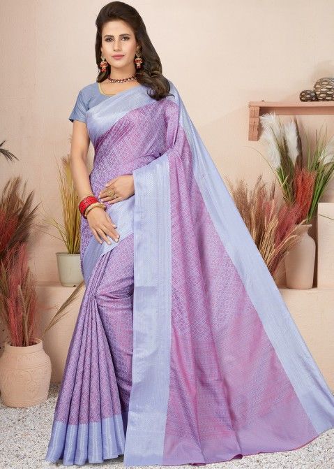 Purple & Blue Woven Saree In Art Silk