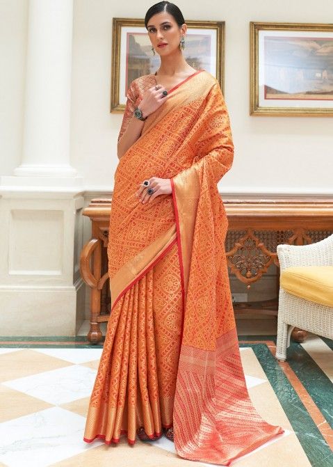 Orange Zari Woven Work Saree In Silk