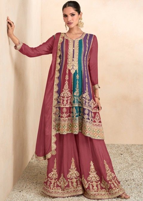 Multicolor Embroidered Flared Style Chiffon Sharara Suit