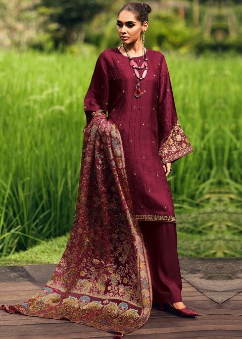 Wine Embroidered Palazzo Suit In Cotton