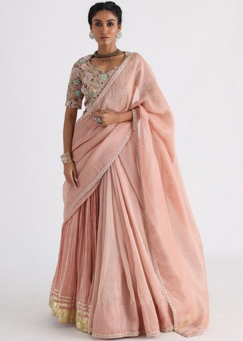 Mauve Pink Lehenga Style Saree In Tissue