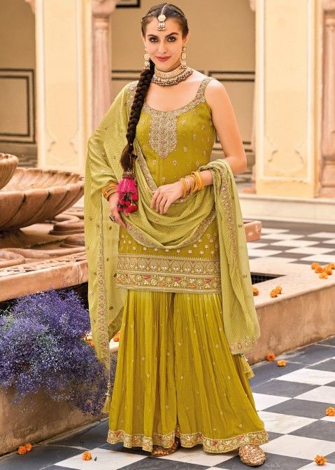 Buy Yellow Color Viscose Georgette Sharara Suit For Haldi Online - SALV3543  | Appelle Fashion