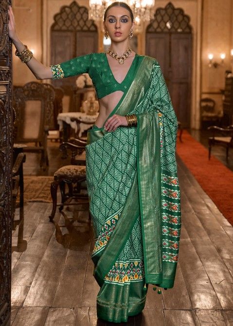 Green Patola Silk Saree In Printed Work