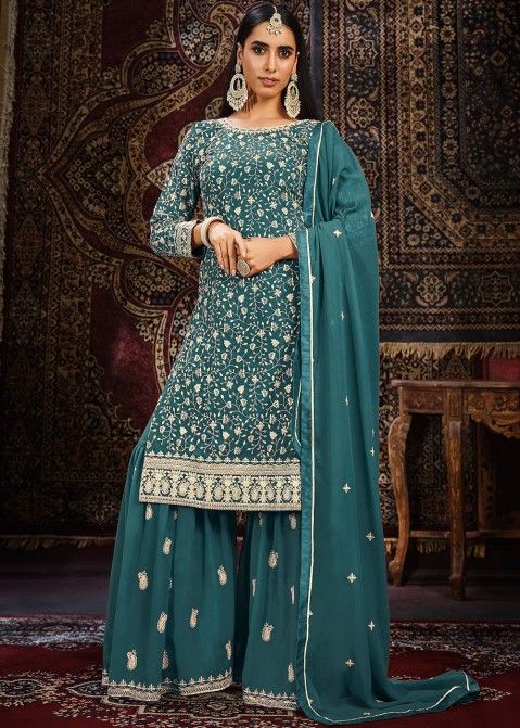 Blue Embroidered Gharara Suit Set 