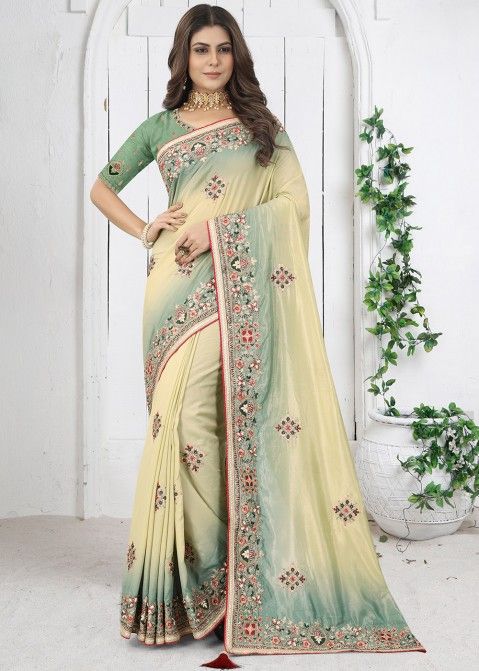 Shaded Green Silk Embroidered Saree