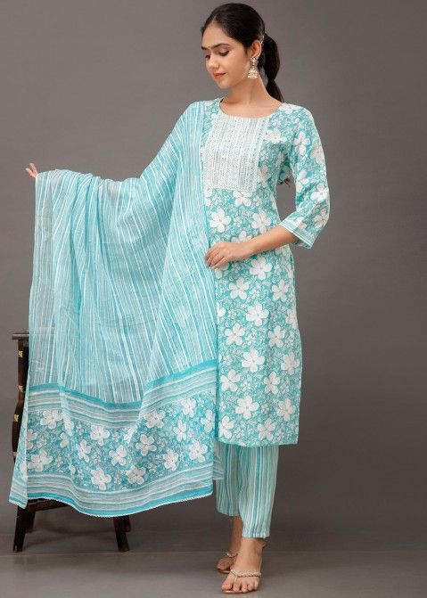 Blue Floral Printed Suit Set In Cotton