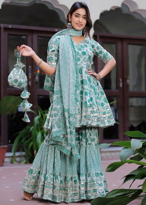 Readymade Green Sharara Suit In Floral Print
