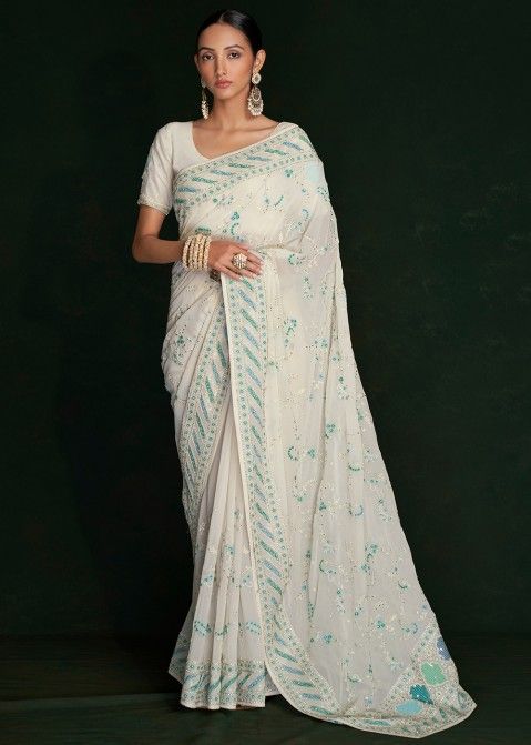 White Embroidered Border Saree In Georgette