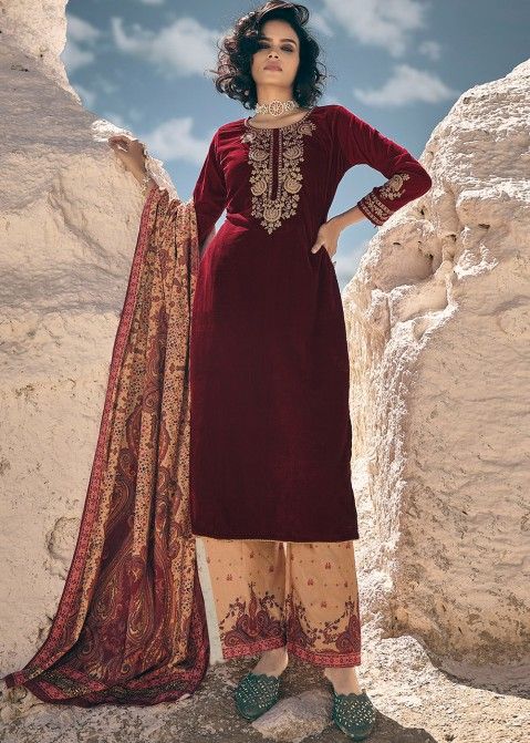 maroon jacquard embroidered palazzo suit 6702